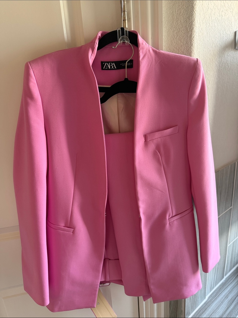 Zara Bubblegum Pink Collarless Tailored Blazer